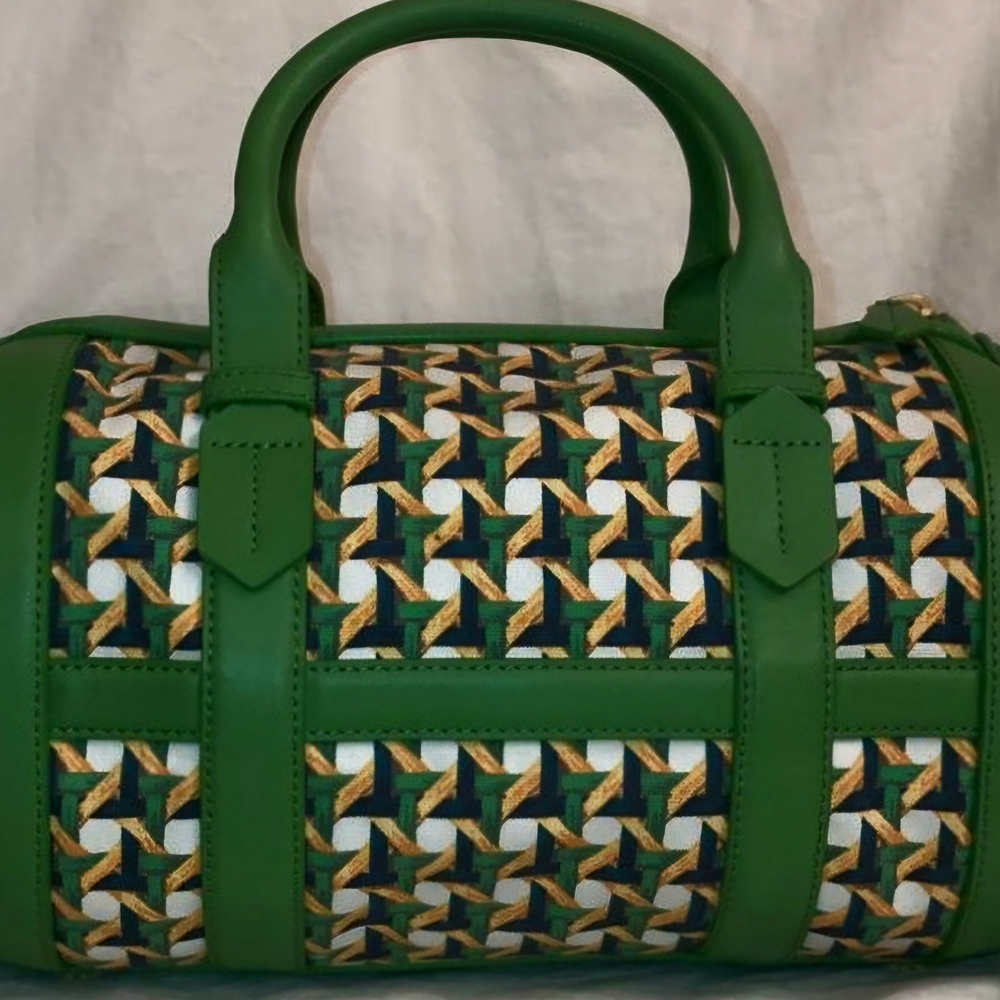 Tory Burch Riviera Green Wicker Print Leaf  Patterned Women's Satchel Bag - Picture 3 of 16